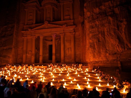 Candles in front of Al Khazneh in Petra, Jordan