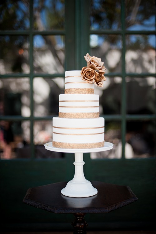 Gold And White Striped Wedding Cake
