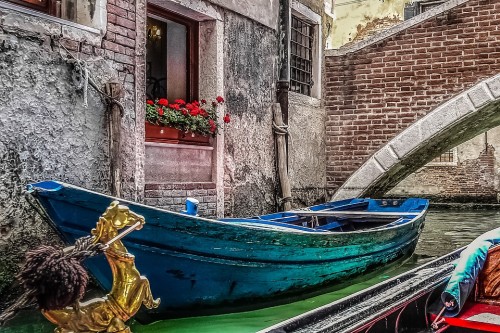Venice - Gondola Boat Colors Blue Aqua Old Flowers