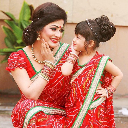 Mother and Daughter in Red Sharee