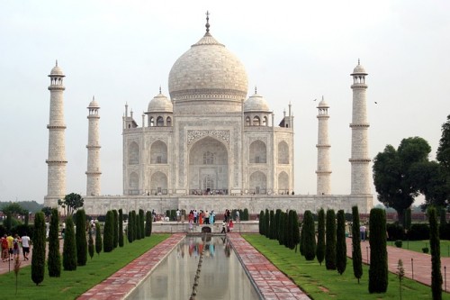 The Taj Mahal is a white marble mausoleum located in Agra, Uttar Pradesh, India.