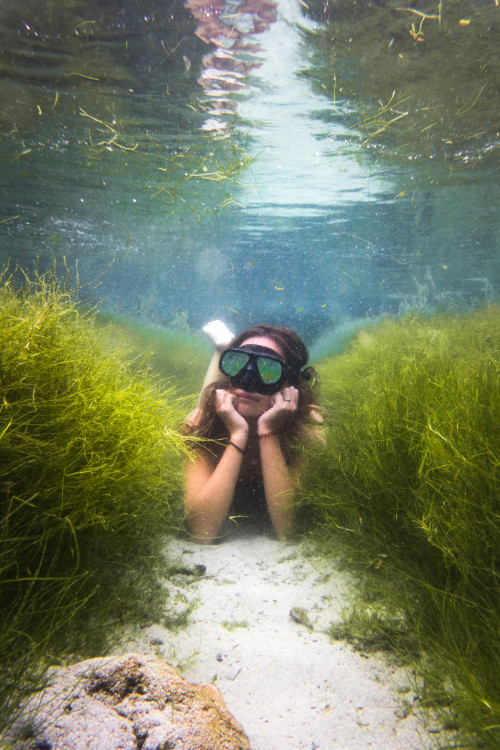 Woman wearing water goggles underwater photo