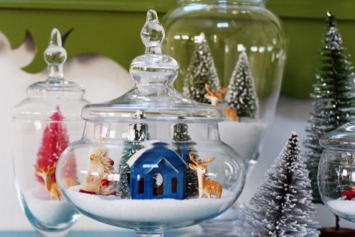 Cute Snow Decorations in Apothecary Jars.