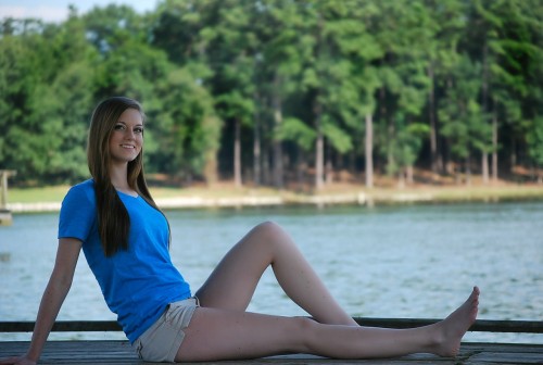 Girl Sitting Happy Pretty Dock Water Lake